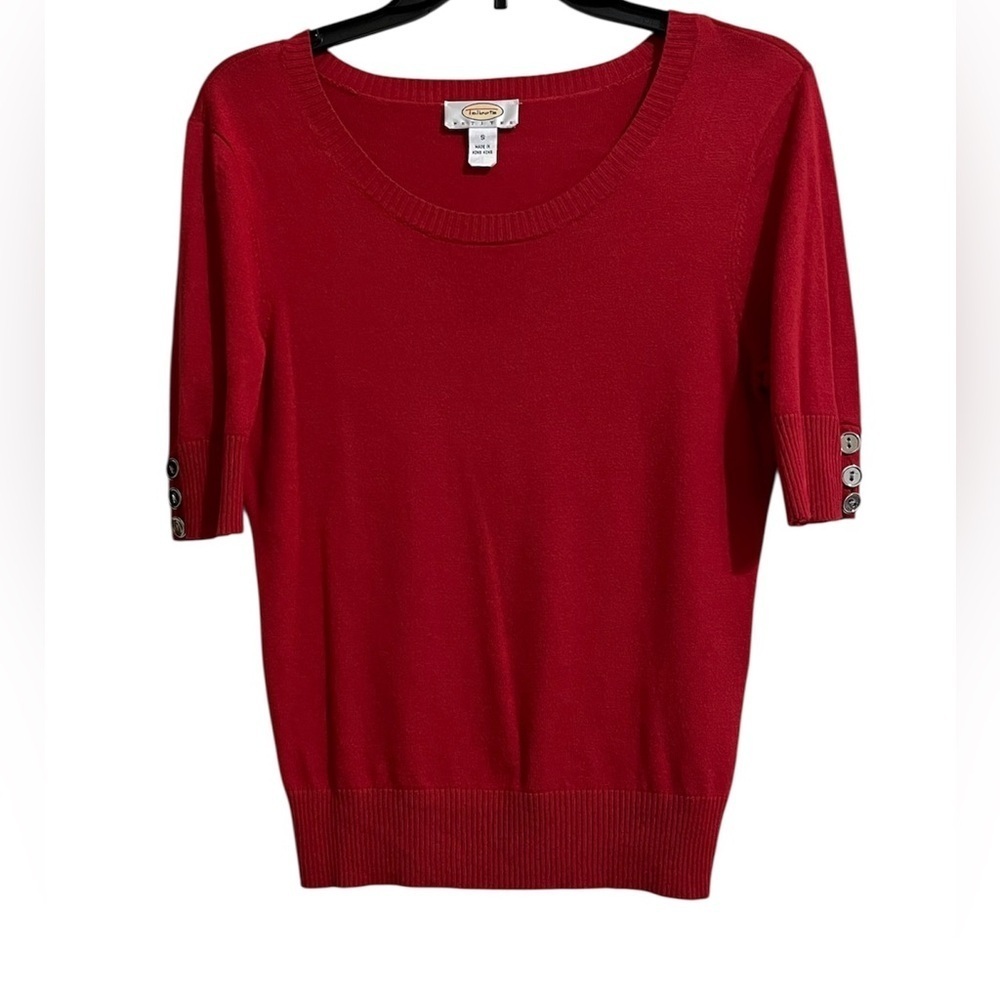Talbots Red Short Sleeve Ribbed Sweater Button Accent Sleeves PETITE Small